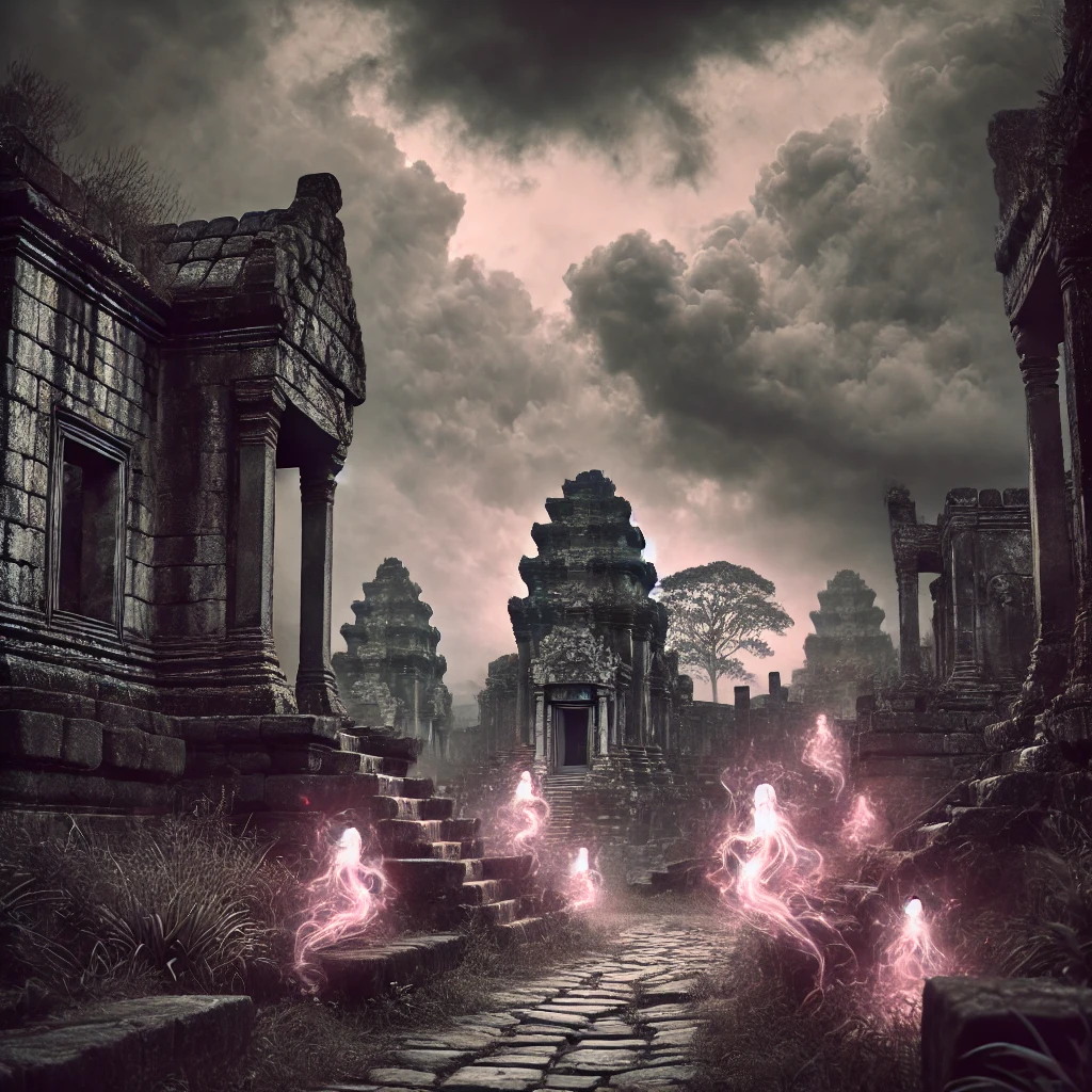 Karmic Tail Destruction, Death of Many Souls: Ancient ruins against a stormy sky.