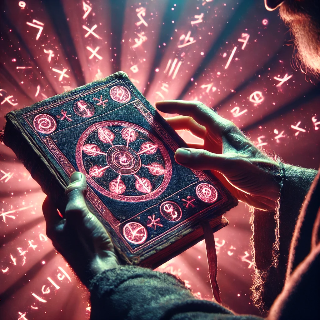 A wizard holding an open book with pink runes glowing on the pages.
