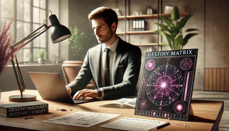 Successful businessman working on a laptop at a modern desk, with a detailed Destiny Matrix chart featuring pink elements, and a notepad displaying the website name 'destinymatrixchart.com.' The image reflects a connection between personal insights and business success